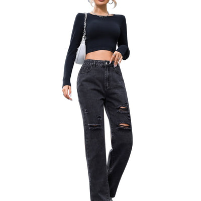 Women's Clothing Loose Hole Slimming Denim Polyester Trousers Fashion