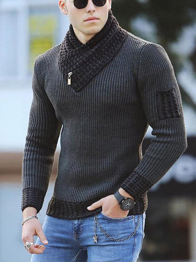 Casual Slim Knit Pullover Long Sleeve Scarf Collar Sweater Men's