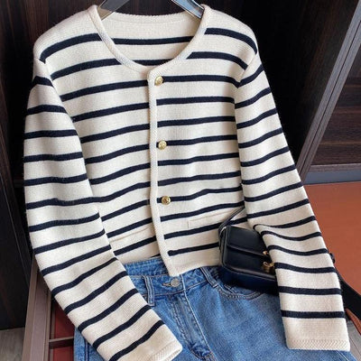 Black And White Striped Knitted Cardigan Women's Outer Wear Cropped Sweater Coat