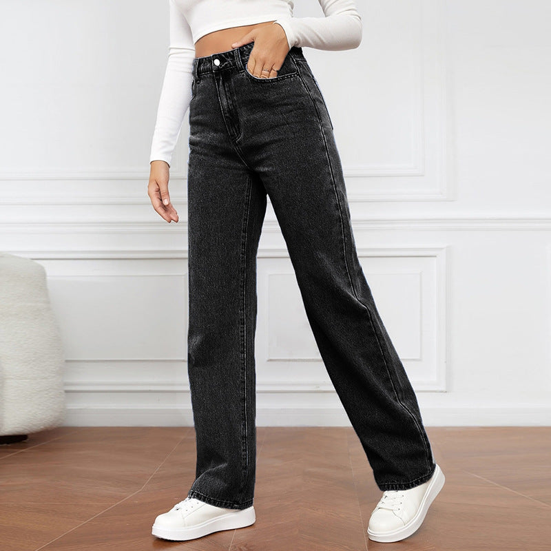 High Waist Straight-leg Denim Trousers Women's Washed Light Color